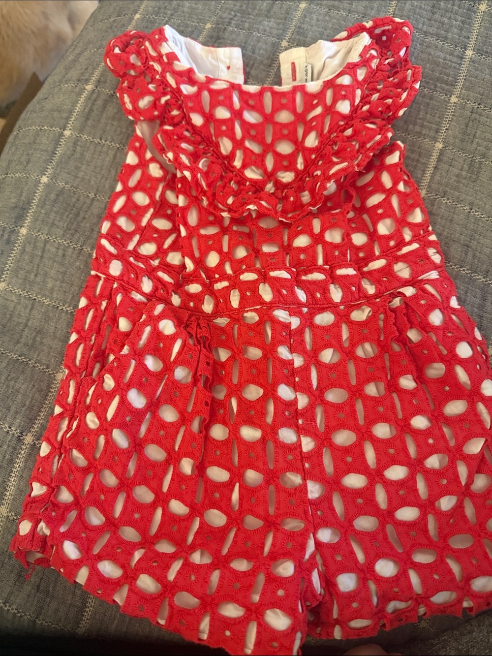 Janie and Jack Red Eyelet romper with White Lining